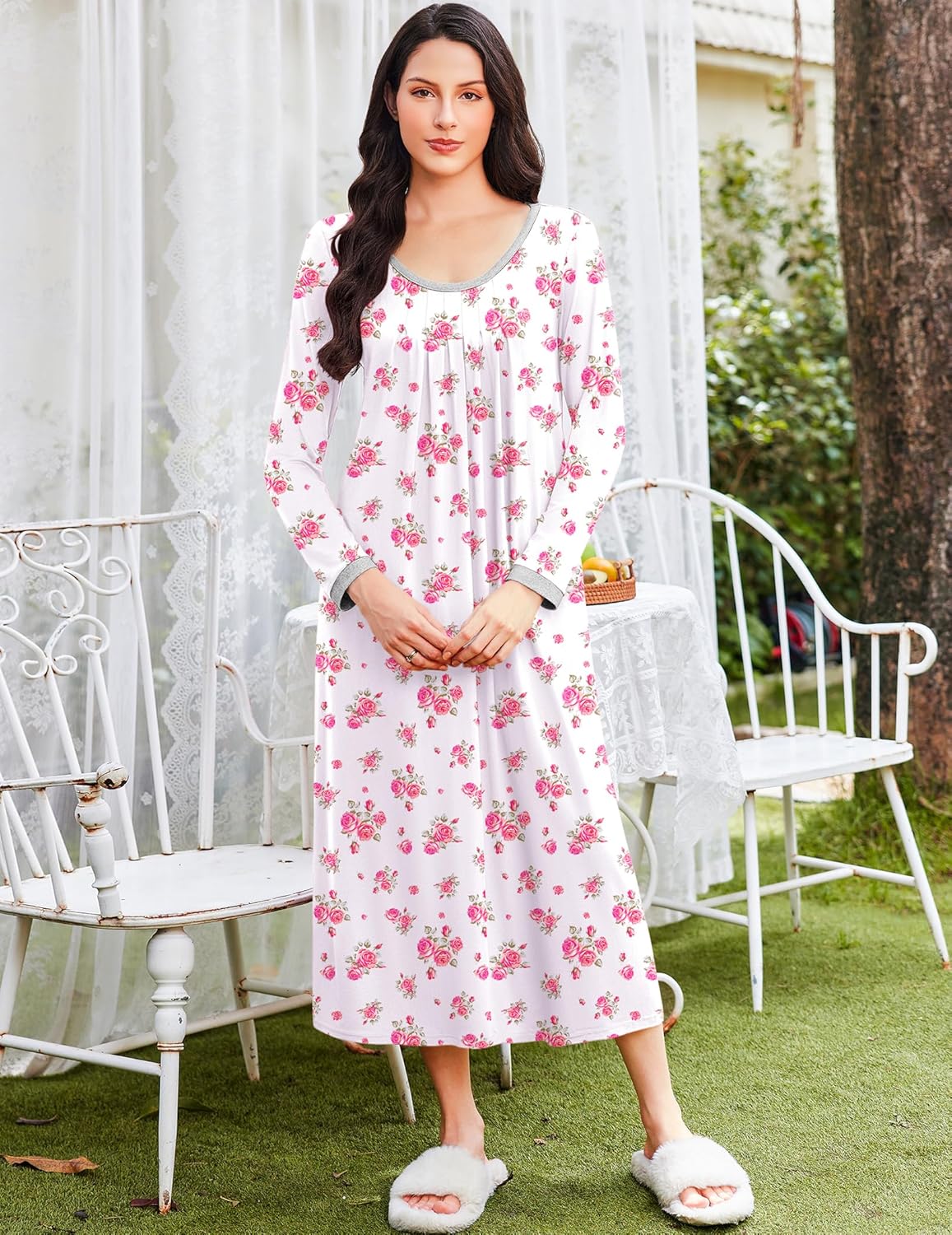 White long-sleeve sleepshirt dress with pink floral pattern, gathered bodice