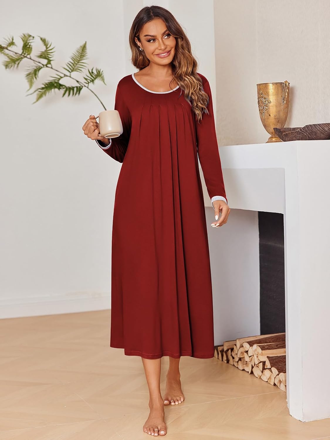 Longsleeve Sleepshirt weinrot, lockeres Nachthemd mit Rundhals und heller Kontrastblende