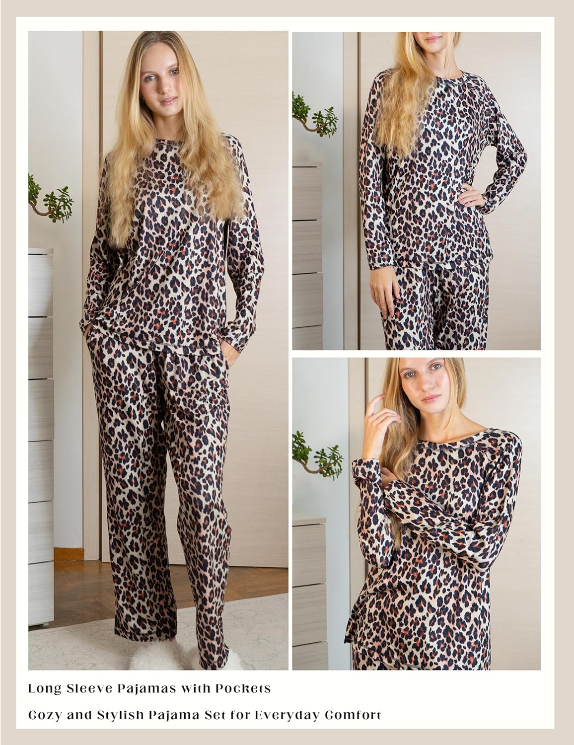 Leopard print pyjama set met lange mouwen en broek, met zakken