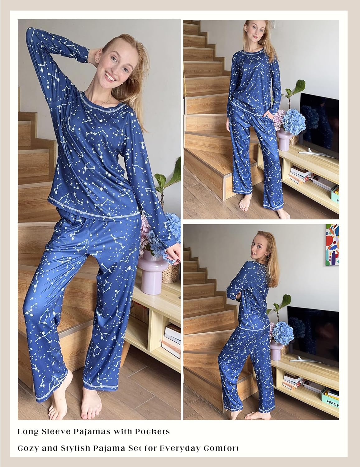 Pijama azul marino con estampado de constelaciones, conjunto de manga larga y pantalón