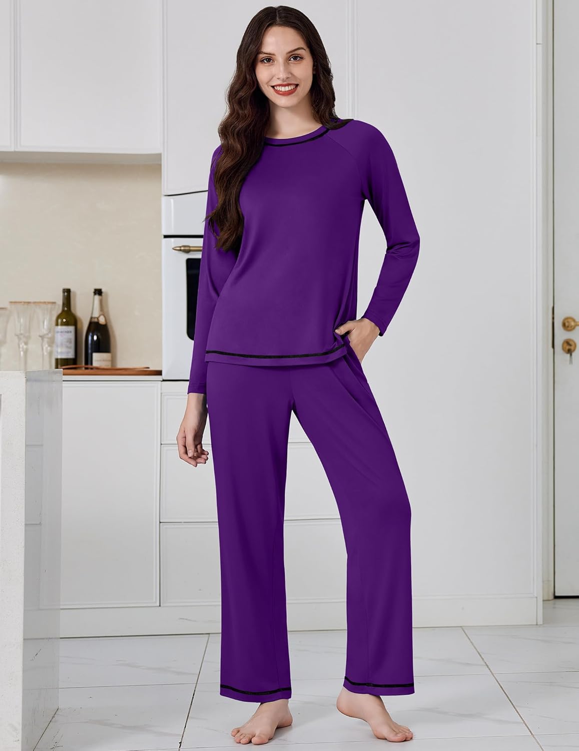 Purple long-sleeve pajama top and wide-leg pants set, matching neckline trim