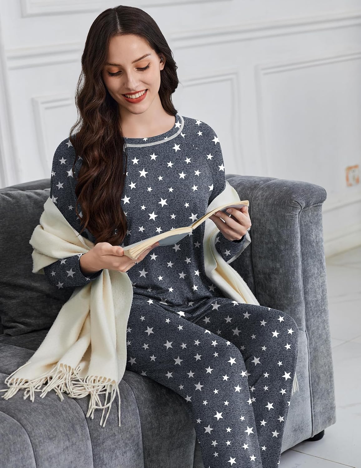 Star print lounge pajama set: long-sleeve top and matching wide-leg pants, dark grey