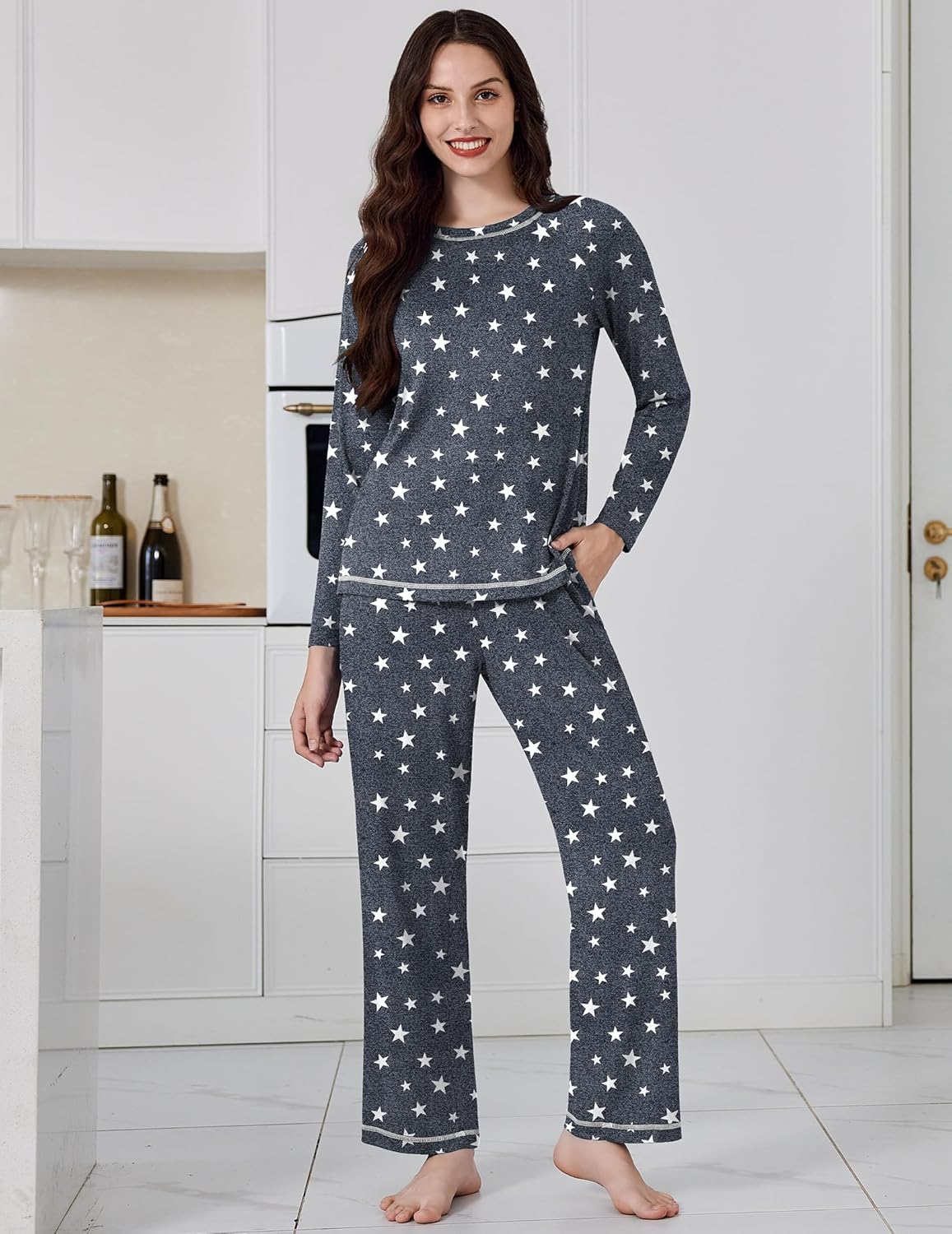 Starry long-sleeve top and wide-leg pajama pants set, dark grey with white stars