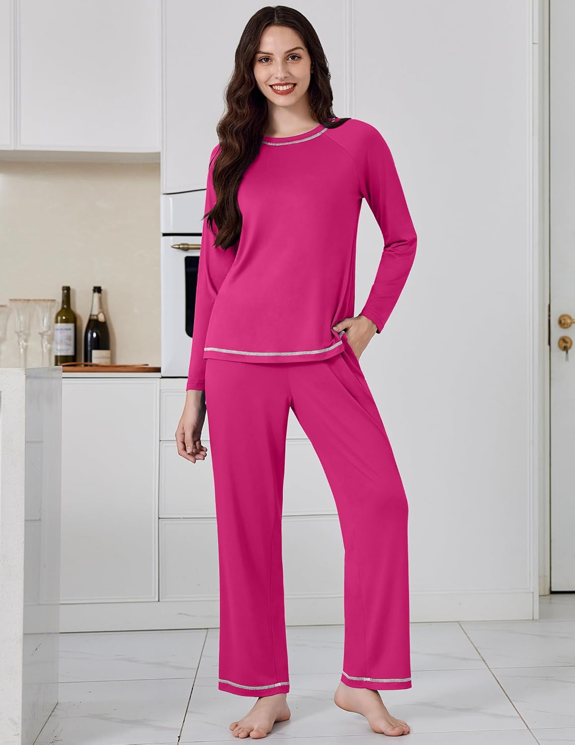 Fuchsia roze lange mouwen top en broek met contrasterende bies, tweedelig