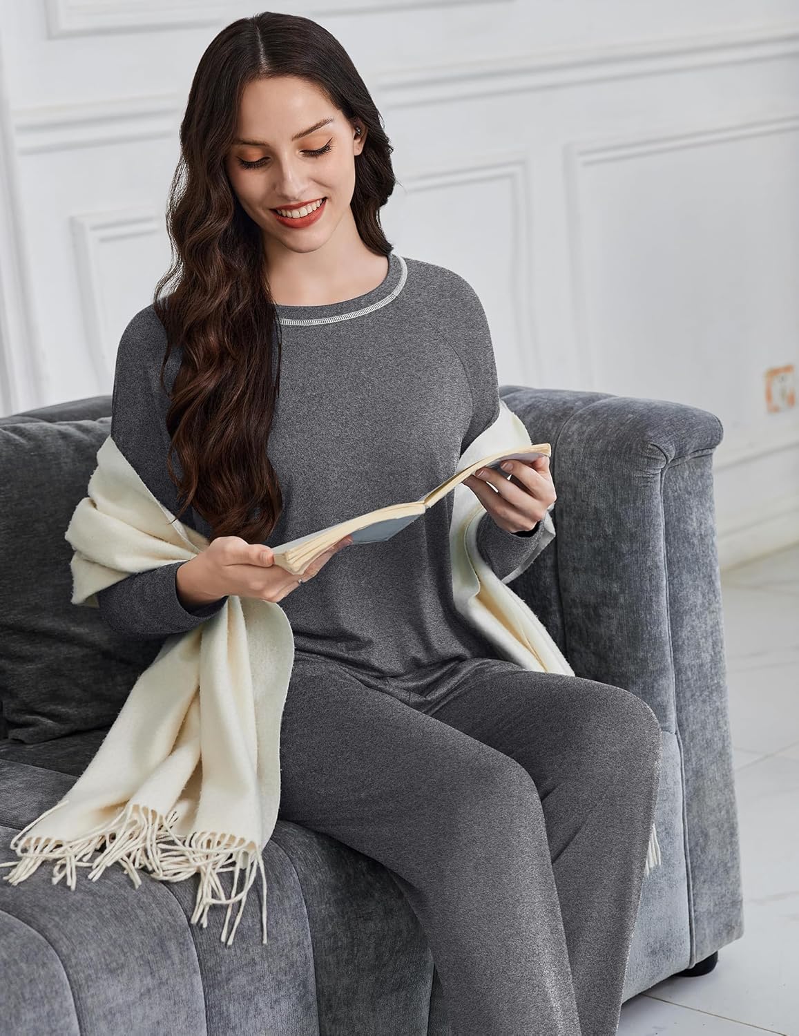 Grey long-sleeve pajama set with contrast trim: top and matching wide-leg pants