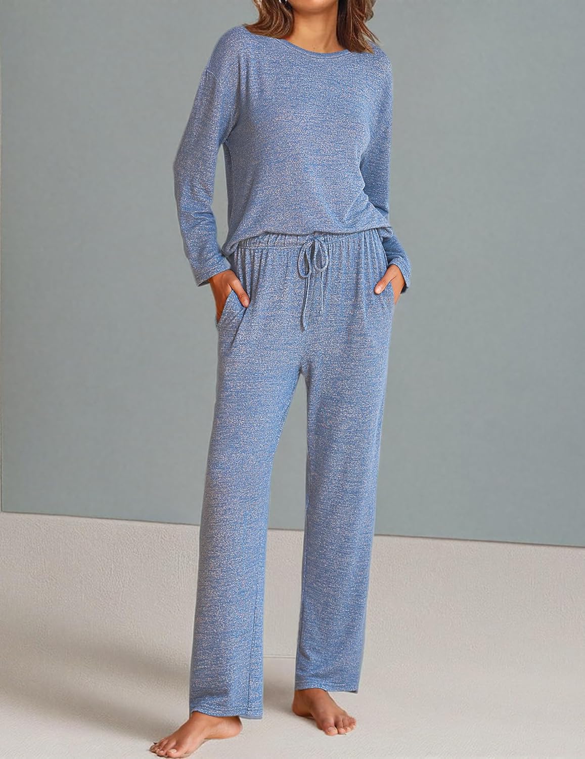 Blue long-sleeve pajama top and straight lounge pants with drawstring waist