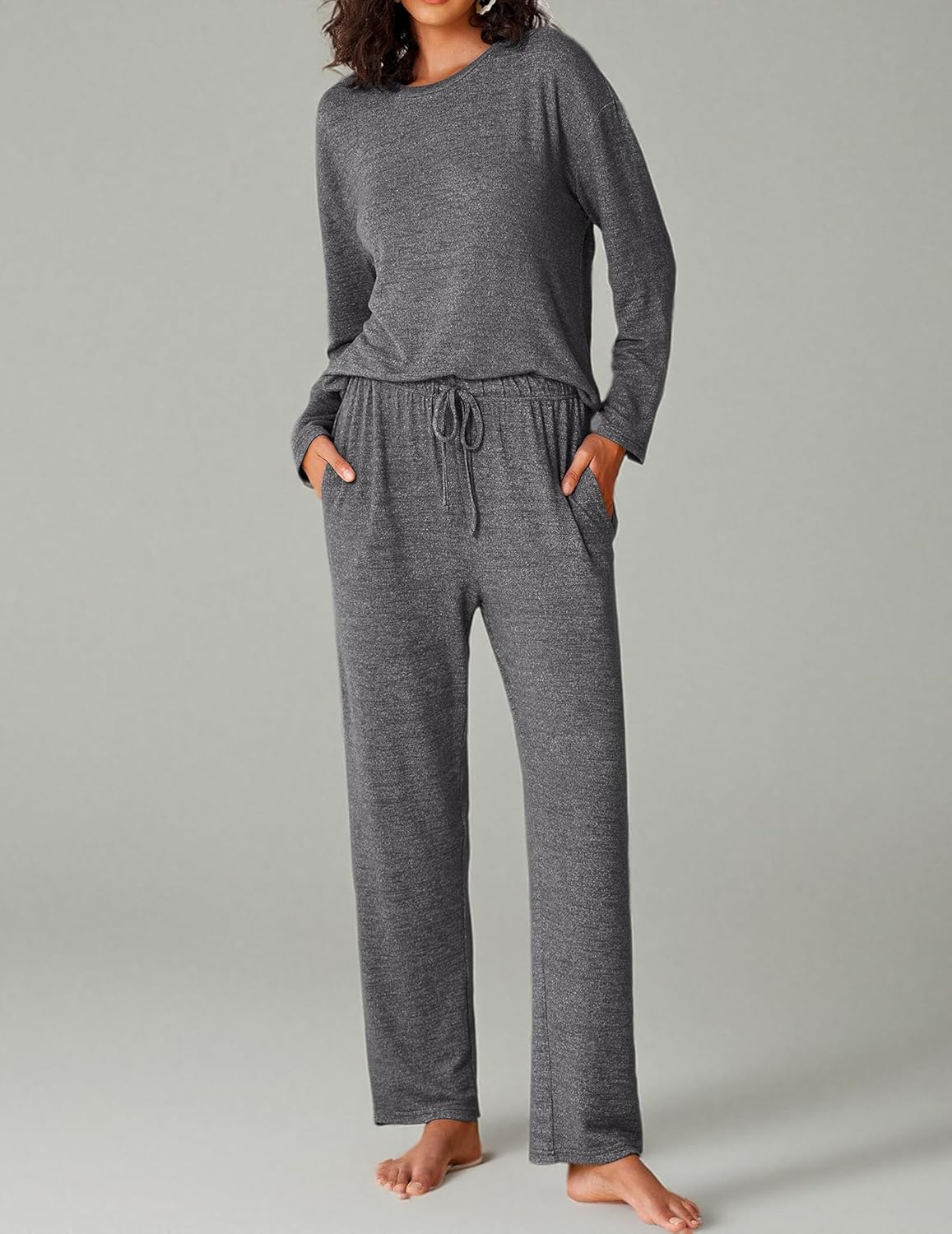 Gray long-sleeve pajama top and wide lounge pants with drawstring waist