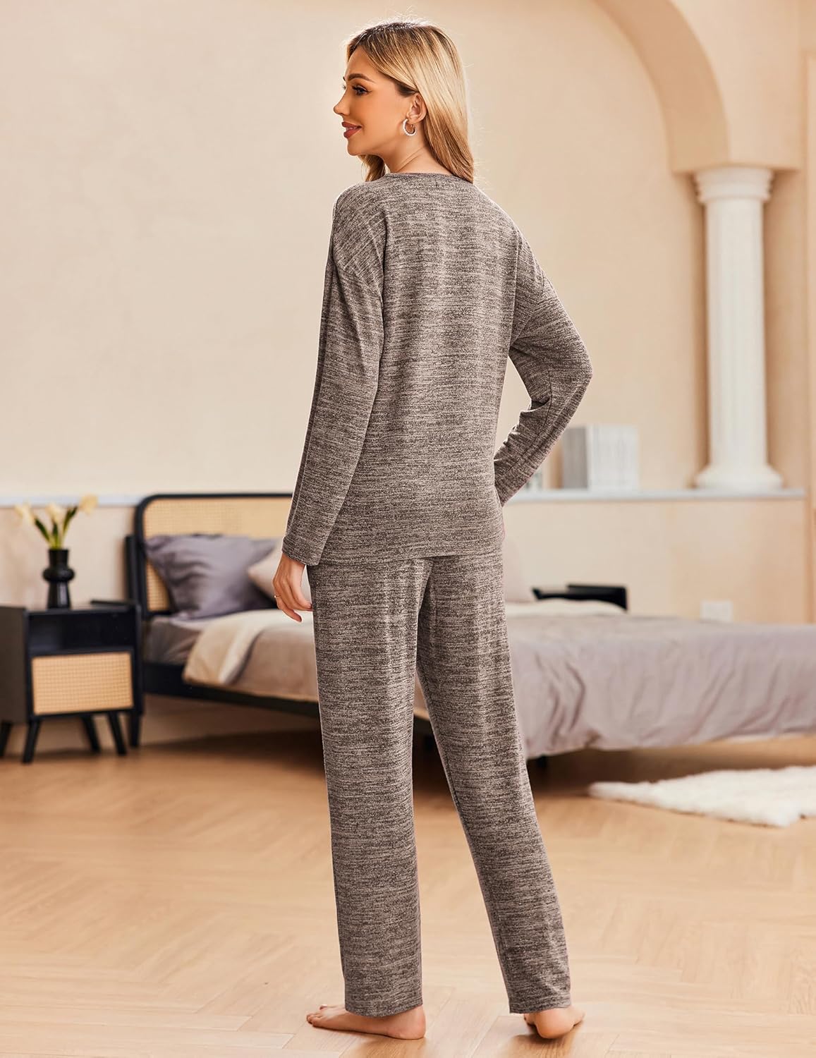 Gray long-sleeve pajama top and straight lounge pants set, back view