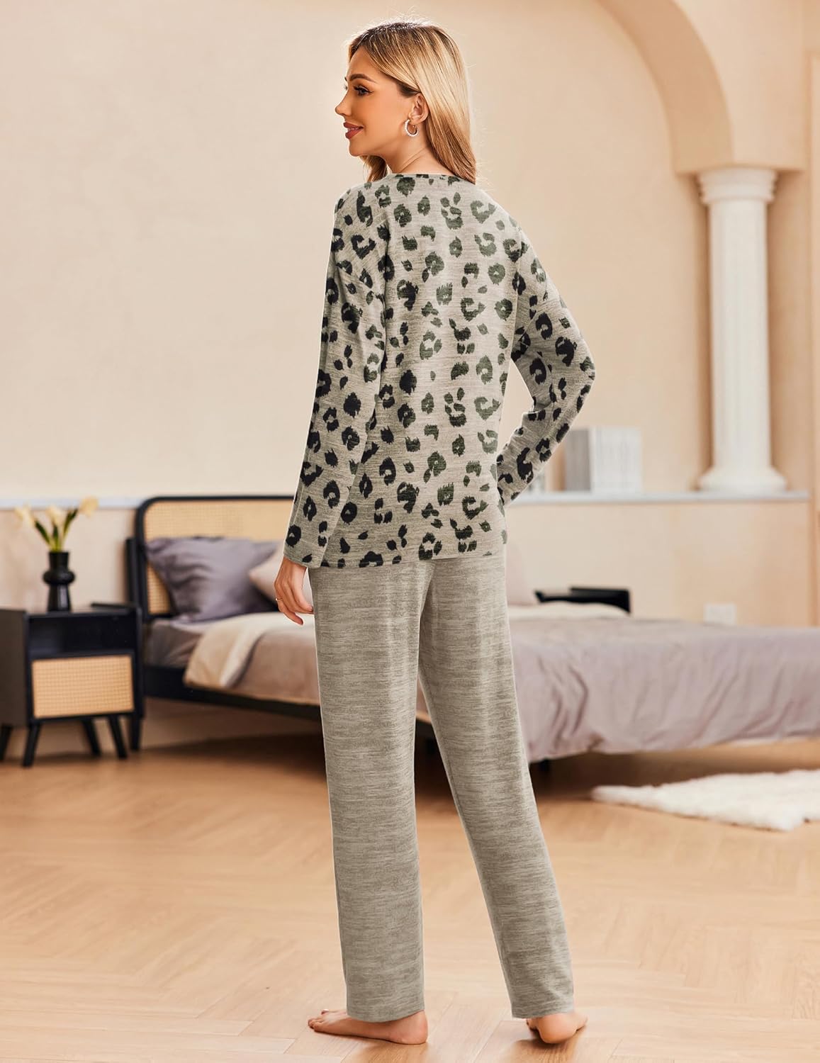 Leopard-print long-sleeve top with light gray lounge pants pajama set
