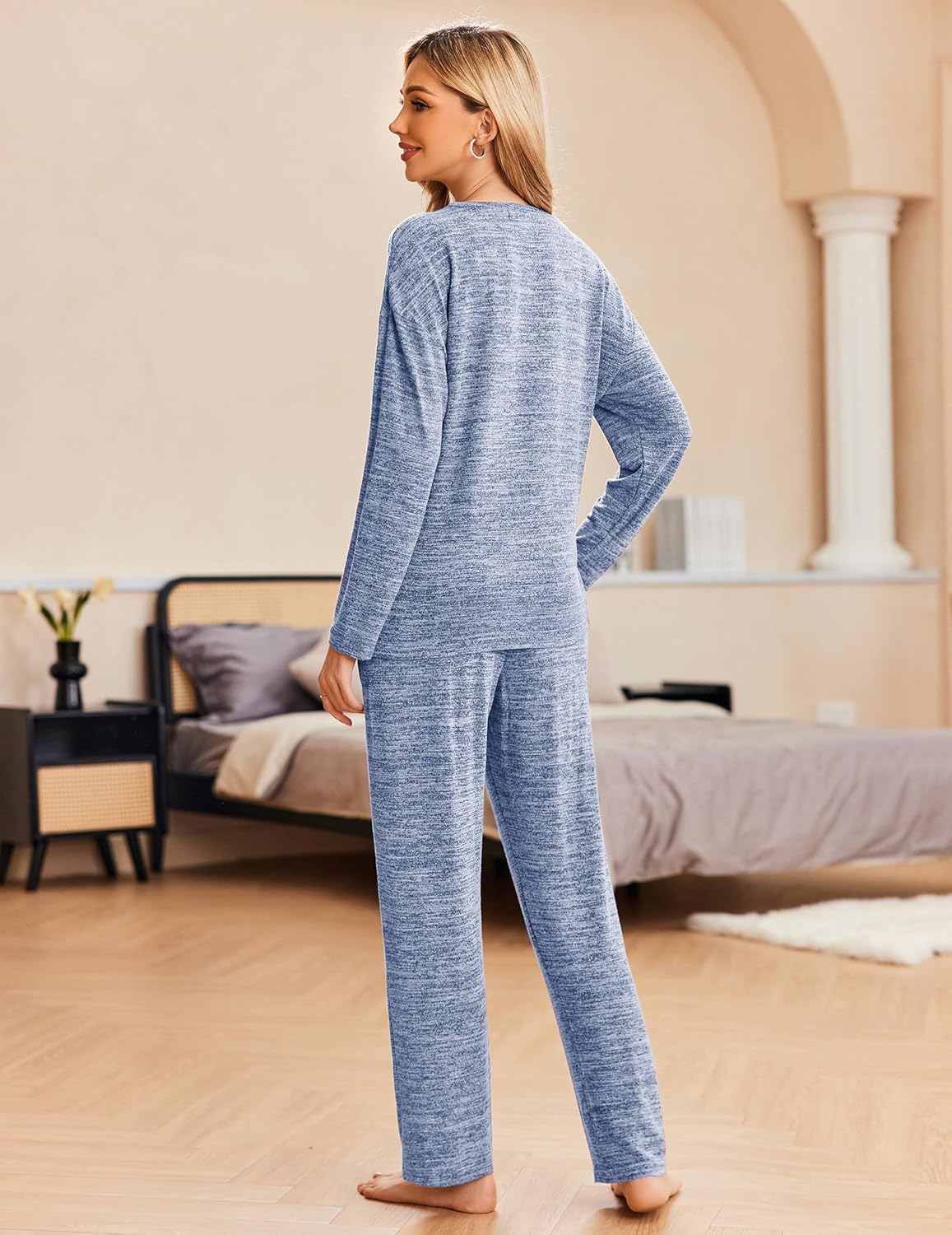 Blue long-sleeve pajama top and matching lounge pants set, back view