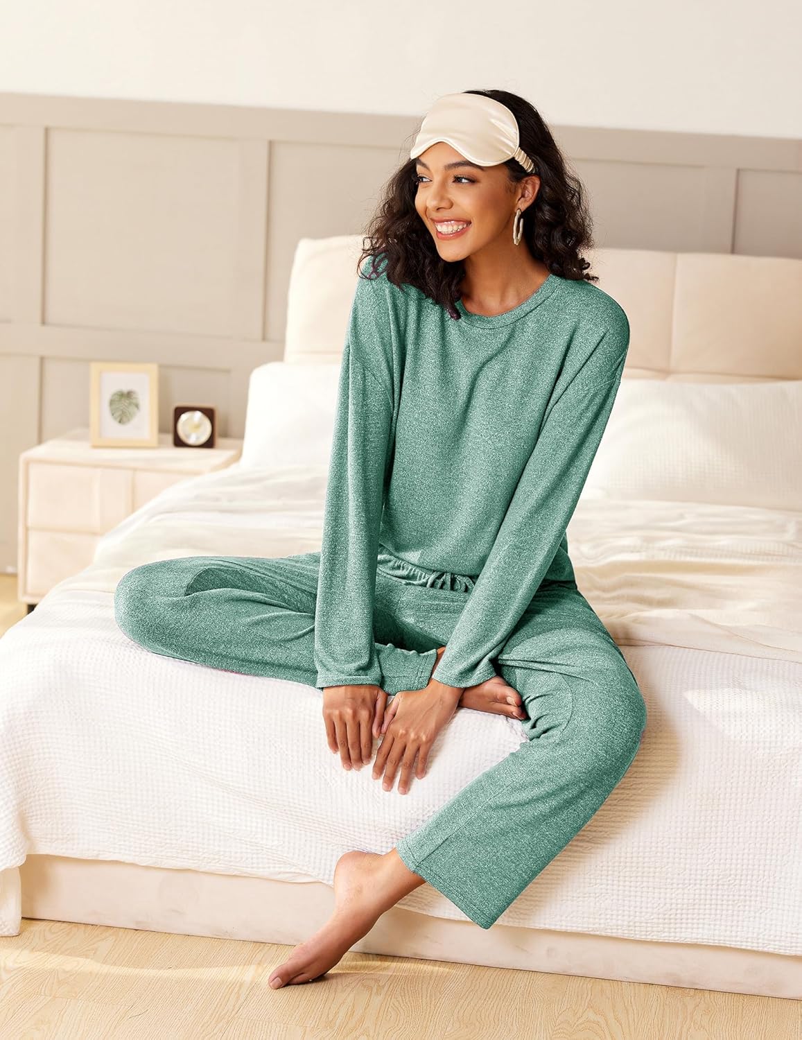 Ekouaer Pyjama-Set mit langem Arm und Hose, grün meliert, weitem Bund am Beinabschluss