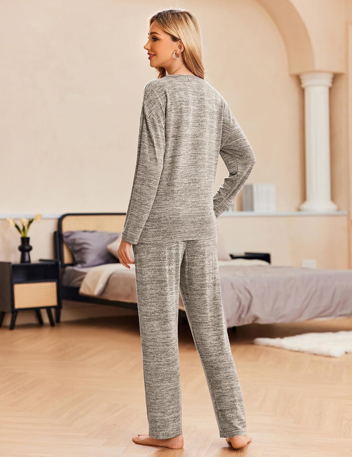 Long Sleeve Top & Pants Set, grau meliert, Rückansicht mit geradem Hosenschnitt und Zugband