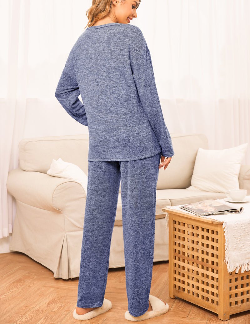 Blue heather long sleeve pajama set, back view with matching straight pants
