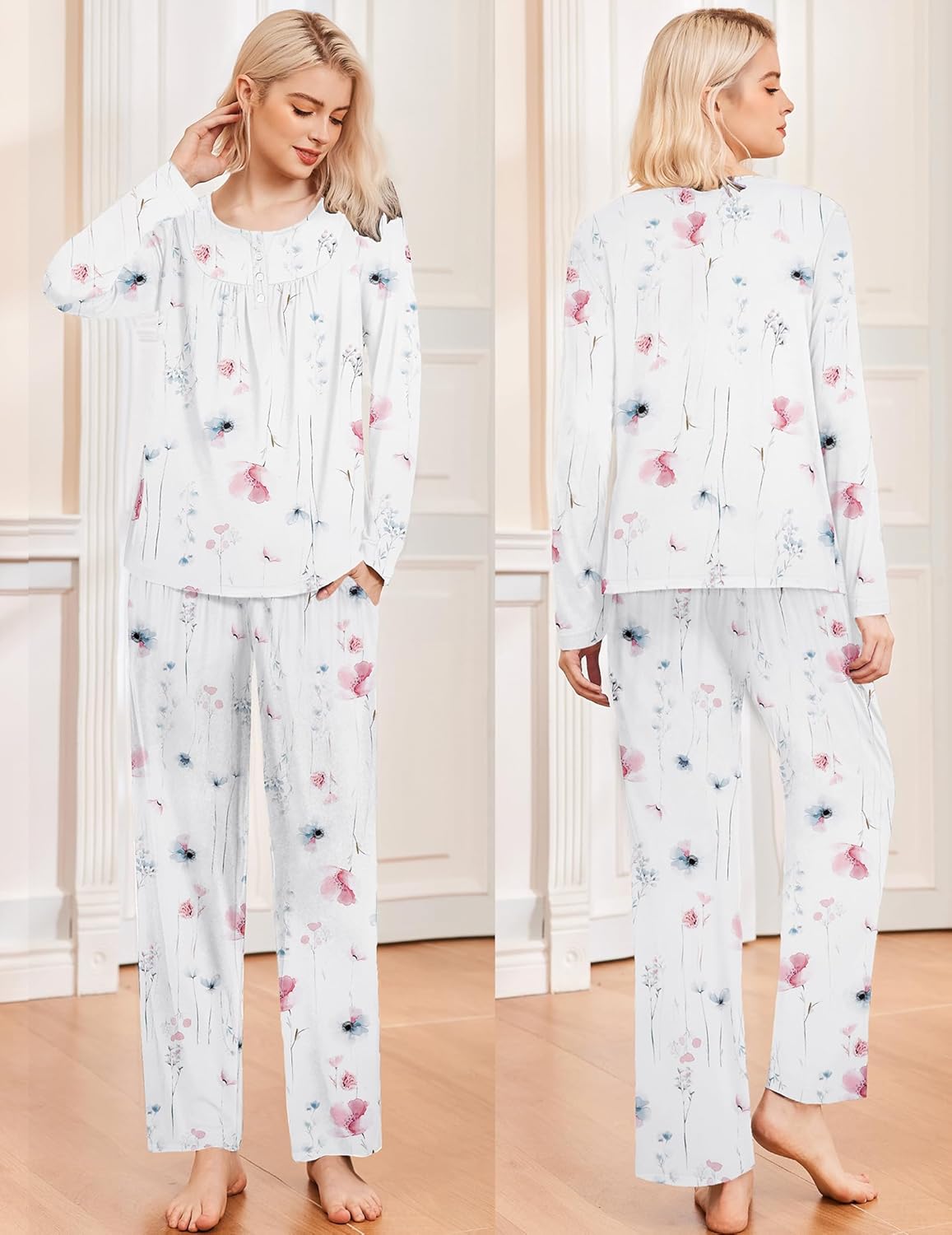 White long-sleeve top and pants set with pastel floral print and button placket