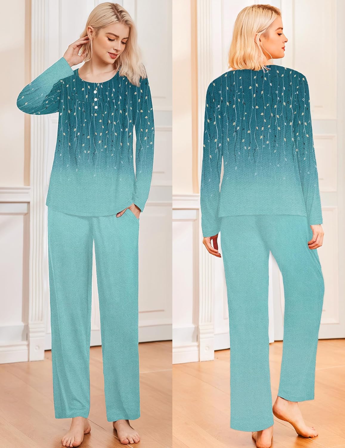 Langarm-Pyjama-Set: Oberteil & Hose, Türkisgrün mit Blattprint, Rückansicht