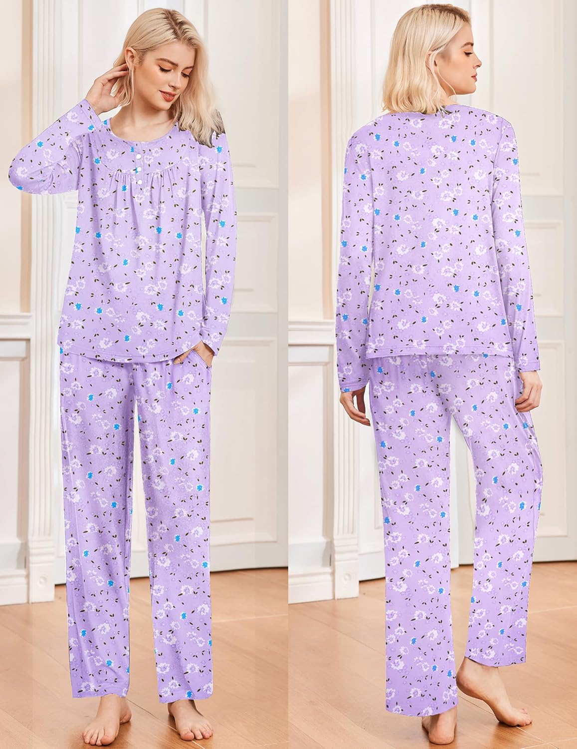 Langarm-Pyjama-Set: Oberteil & Hose, lila mit Blumen-/Kleinstprint