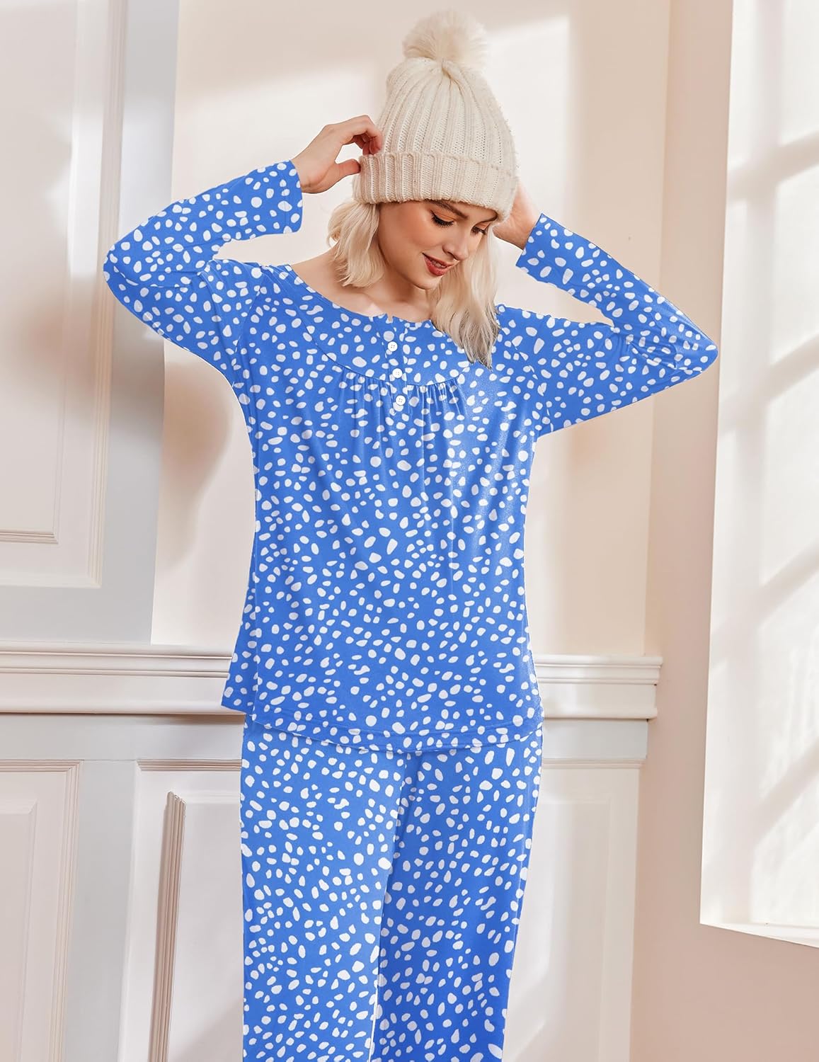 Blue long-sleeve top & pants pajama set with white dot pattern