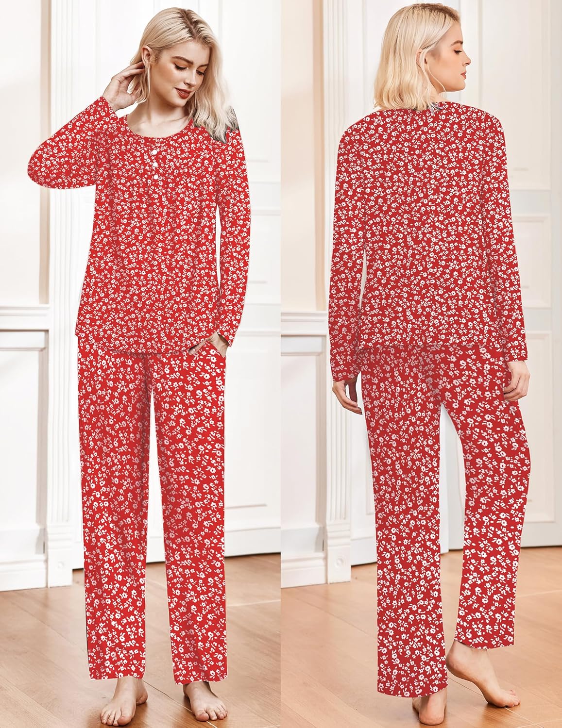 Red floral long-sleeve top & pants pajama set with all-over pattern