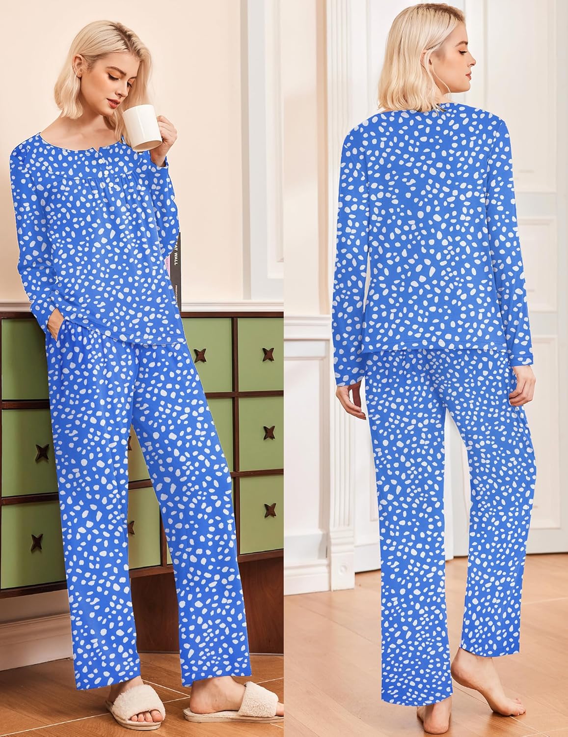 Blue dotted long-sleeve pajama set with straight-leg pants (back view)