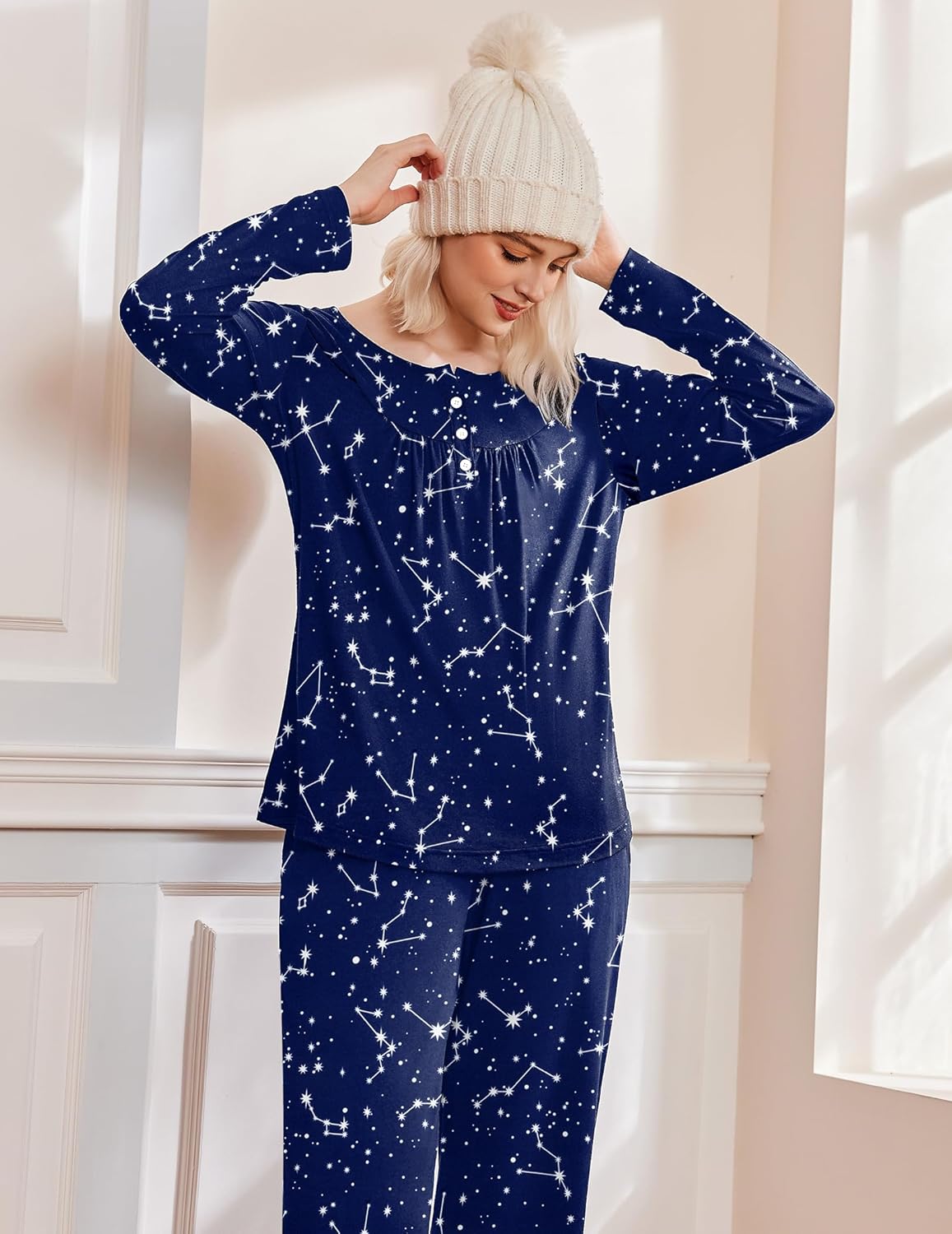 Navy star pajama set with long sleeves and matching wide-leg pants