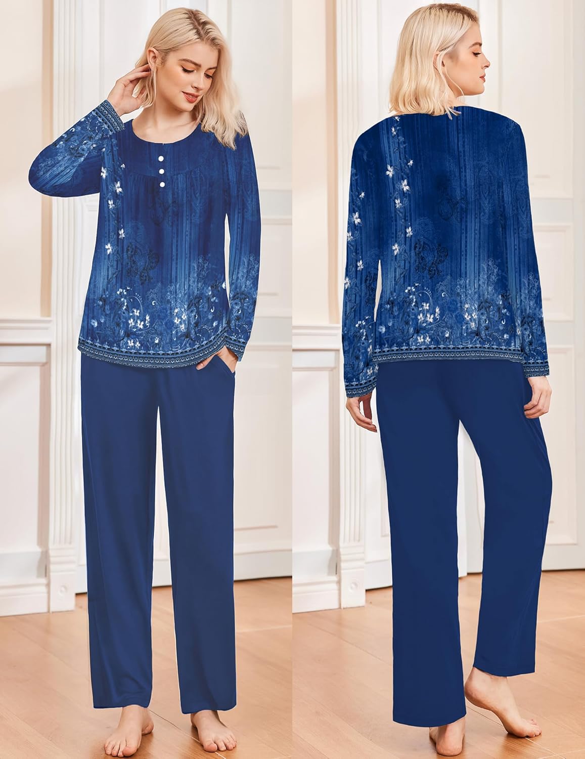 Langarm-Pyjama-Set: Oberteil & Hose, Blau mit Blumenmuster (Blue Pot)