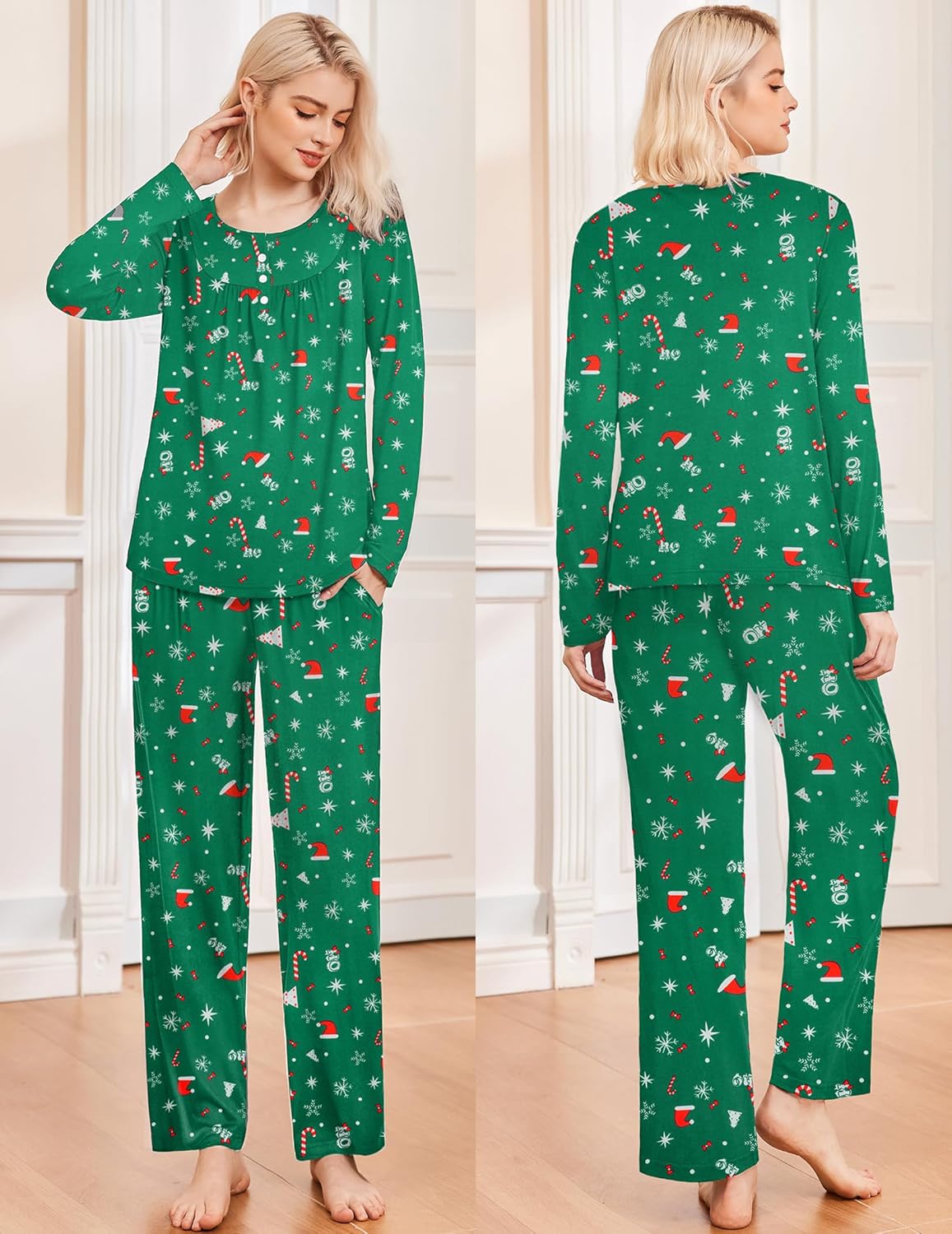 Langarm-Pyjama-Set: Oberteil & Hose, Christmas Green, Rückansicht mit Weihnachtsprint