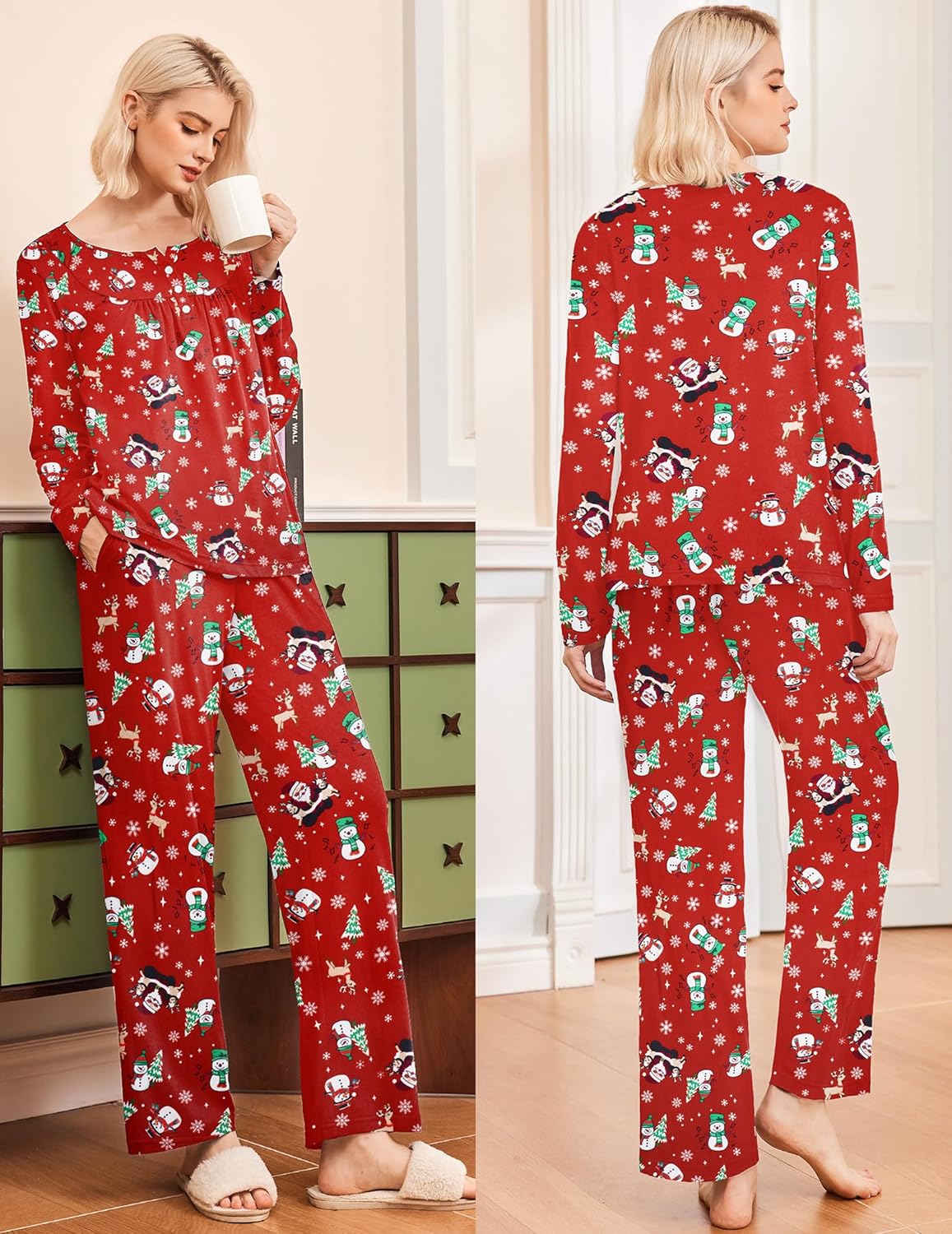 Red holiday-print pajama set, long sleeves and wide-leg pants (back view)