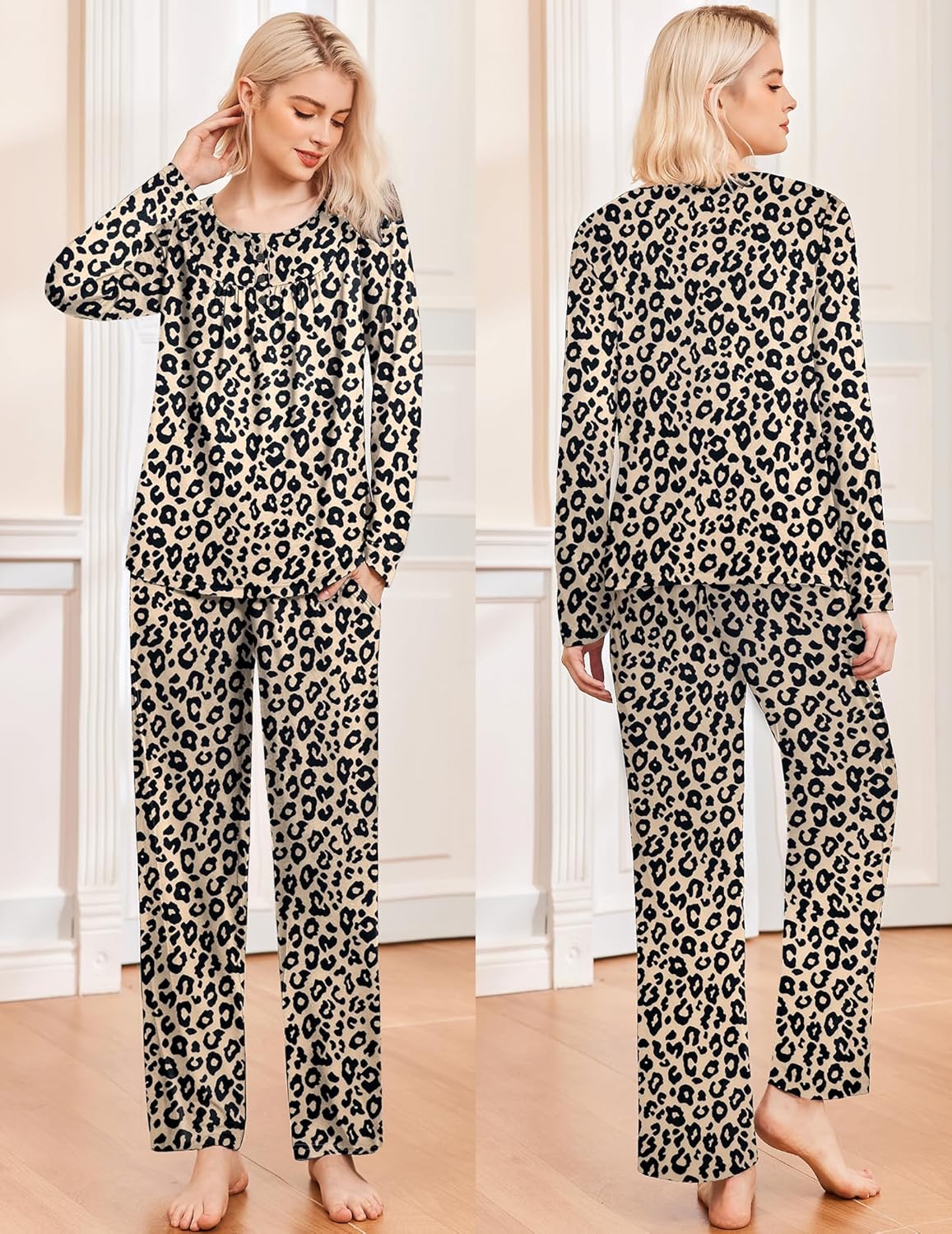 Leopard long-sleeve top & pants pajama set, all-over animal print