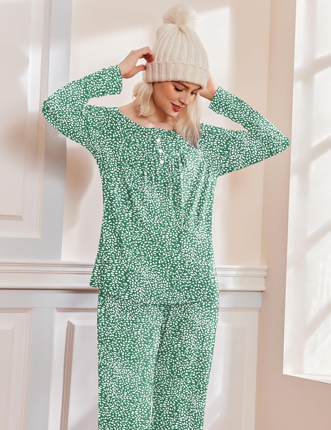 Green long-sleeve pajama set with dotted allover print and matching pants