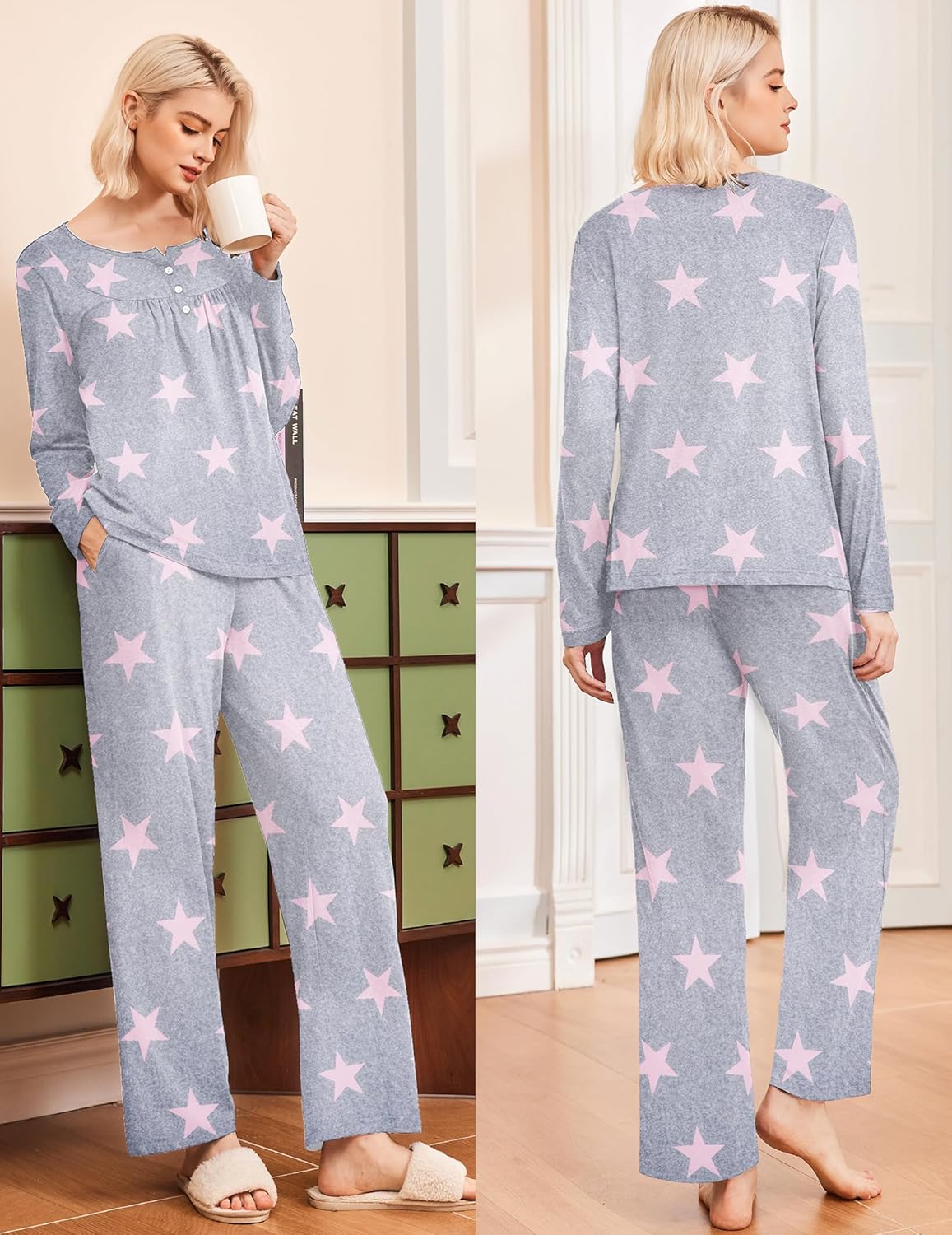 Grey star print lounge set: long-sleeve top and wide pants