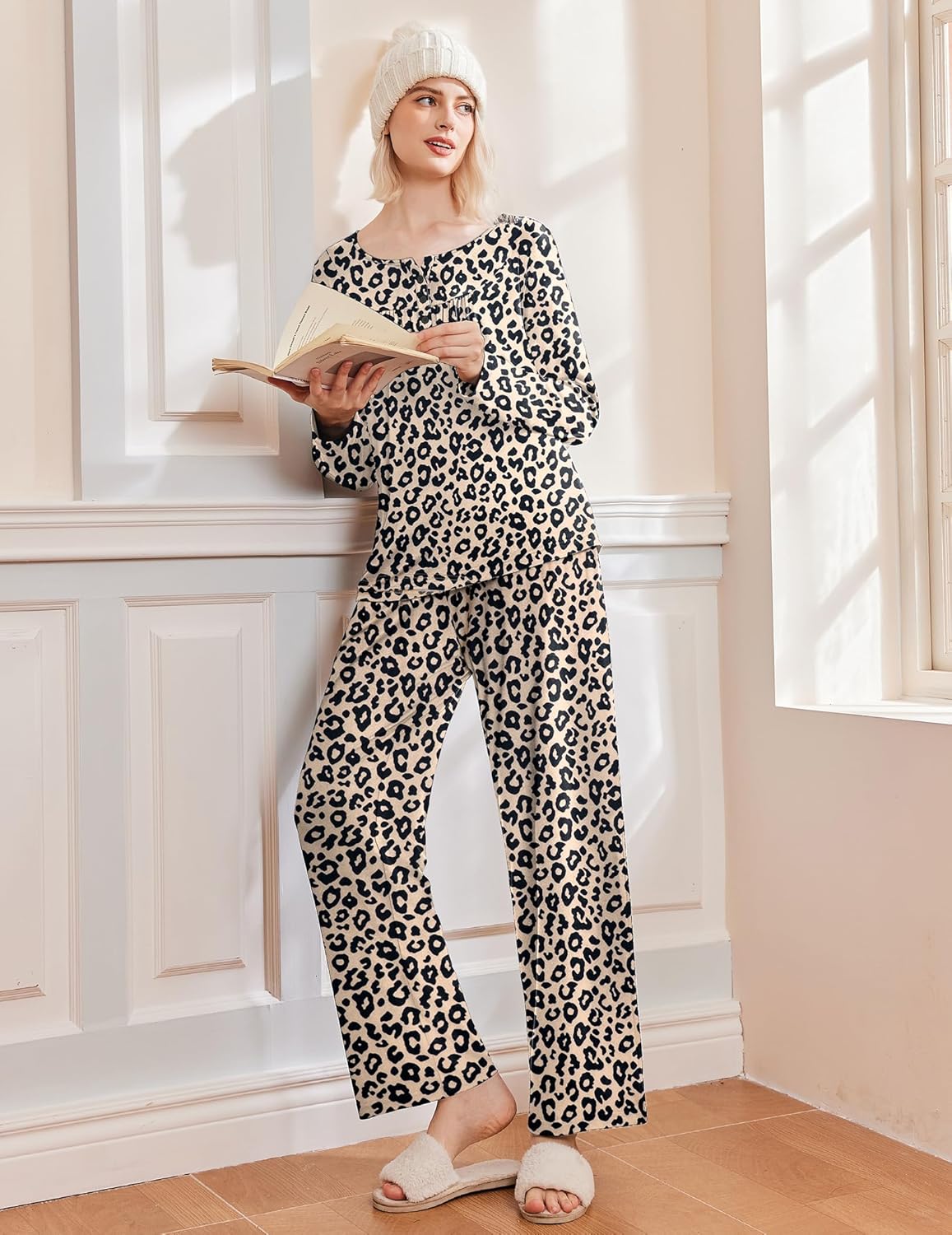 Leopard pajama set with long sleeves and pants, crewneck animal print