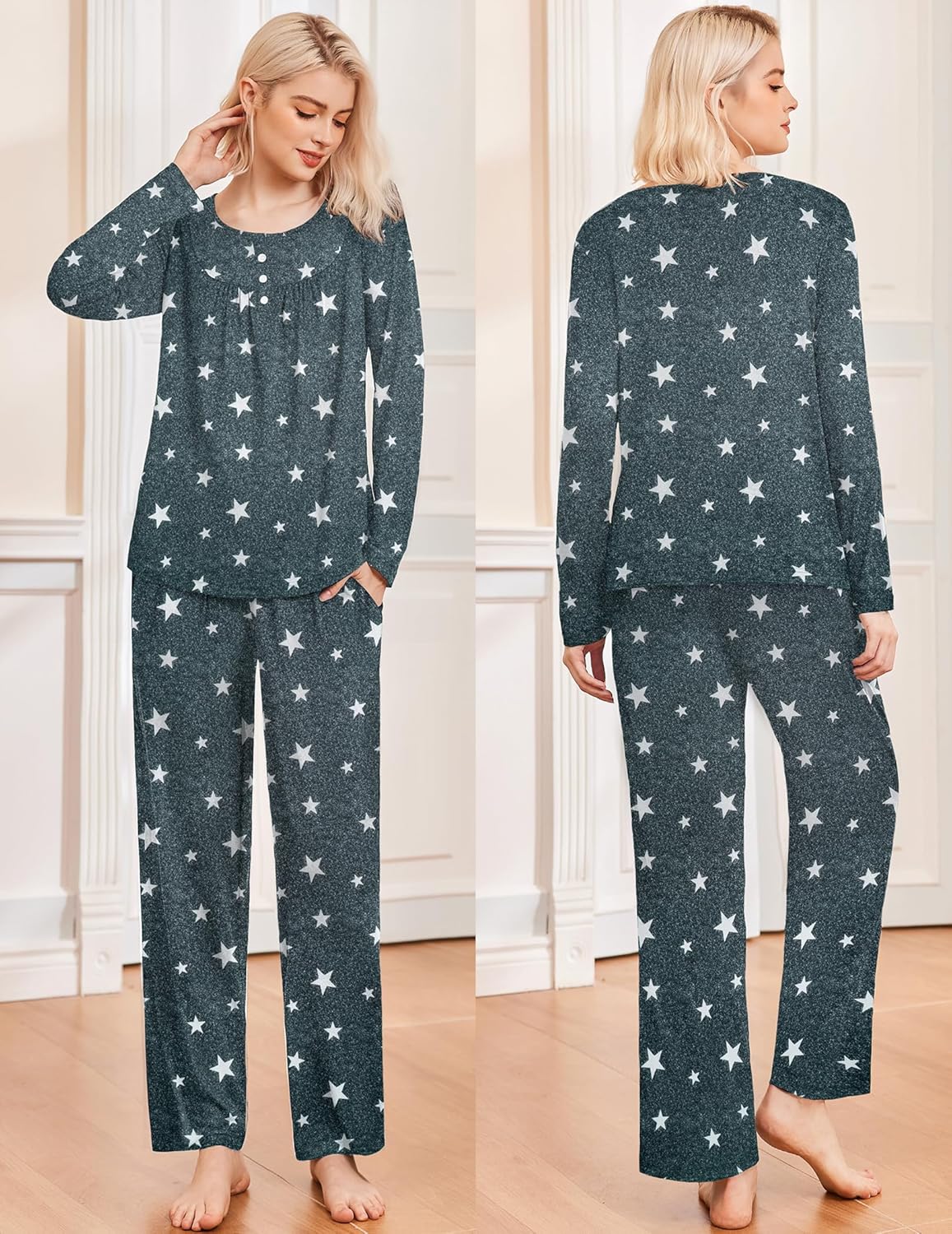 Langarm-Pyjama-Set: Oberteil & Hose, grauer Sternprint mit Knopfleiste