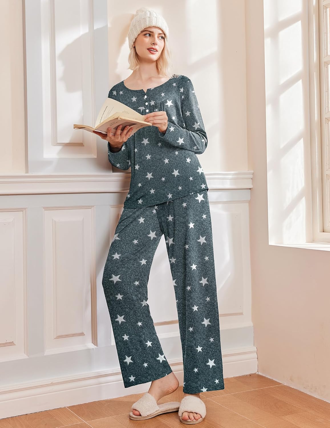 Langarm-Pyjama-Set: Oberteil & Hose, graue Sterne, entspannte Passform