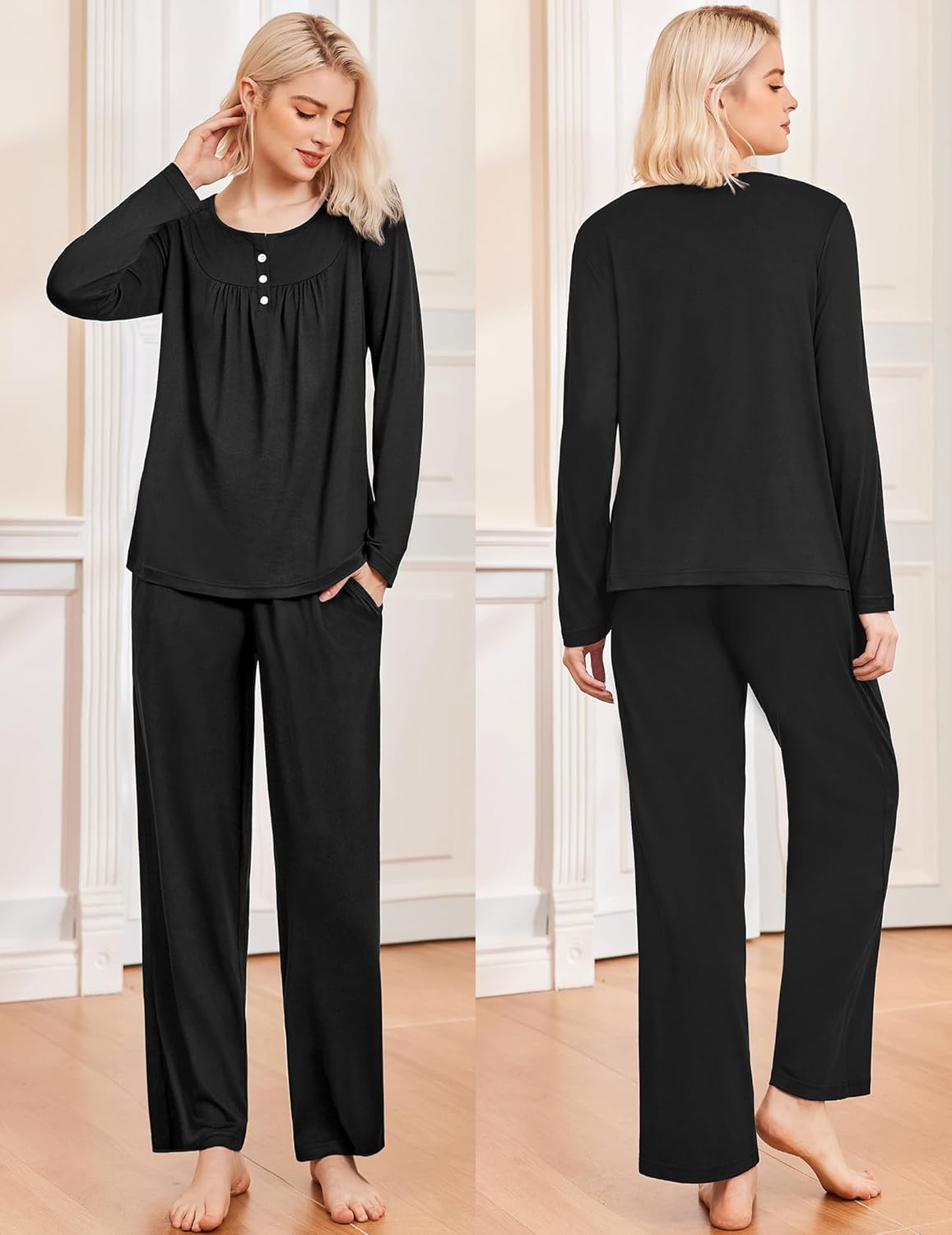 Black long-sleeve top and pants pajama set with button neckline