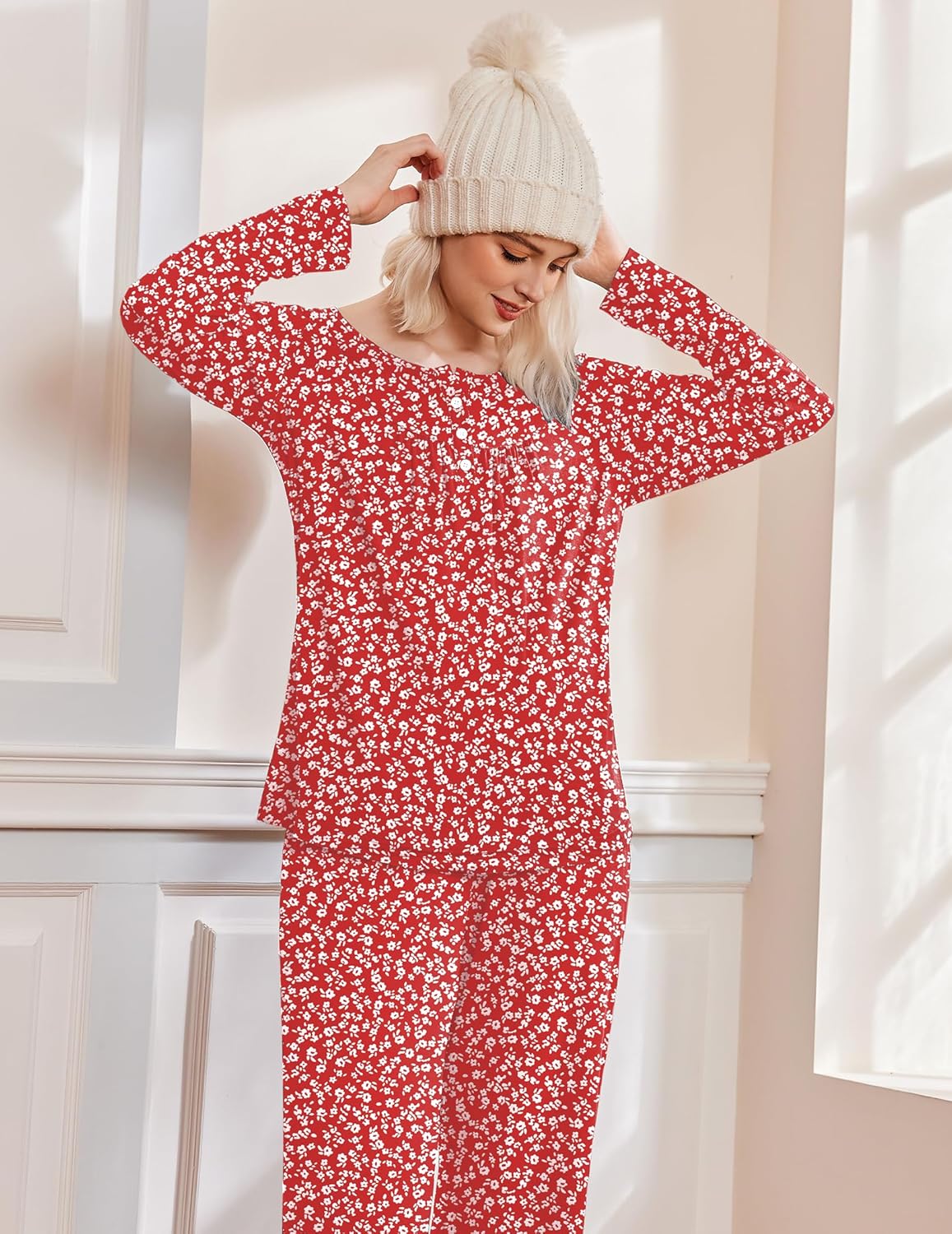 Red floral long-sleeve pajama top & pants set, relaxed fit