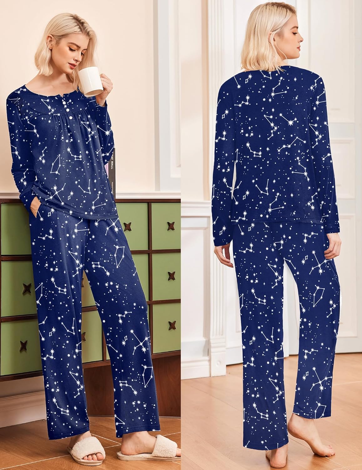 Navy long-sleeve pajama set with starry constellation print and wide-leg pants