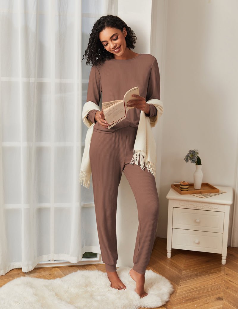 Taupe long-sleeve pajama set with matching joggers, full-length