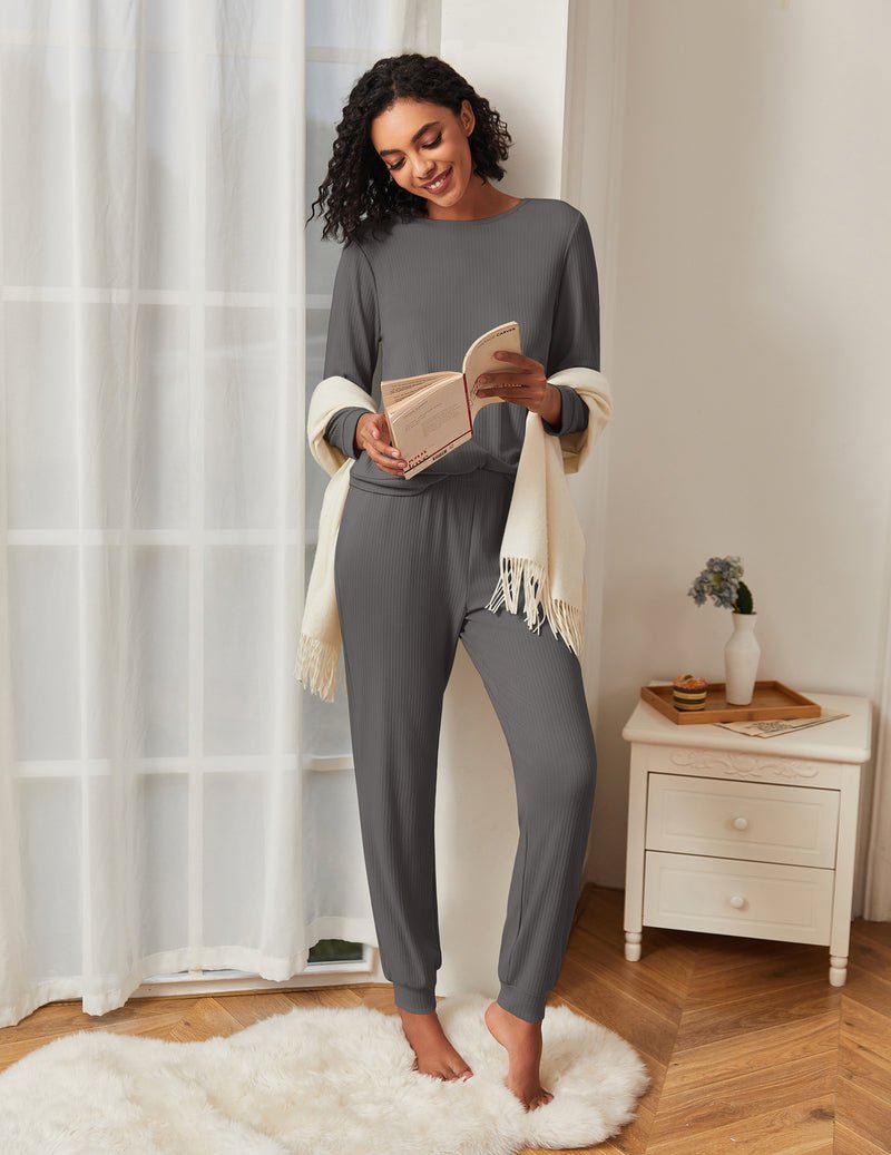 Dark gray long-sleeve pajama set with matching joggers, front view