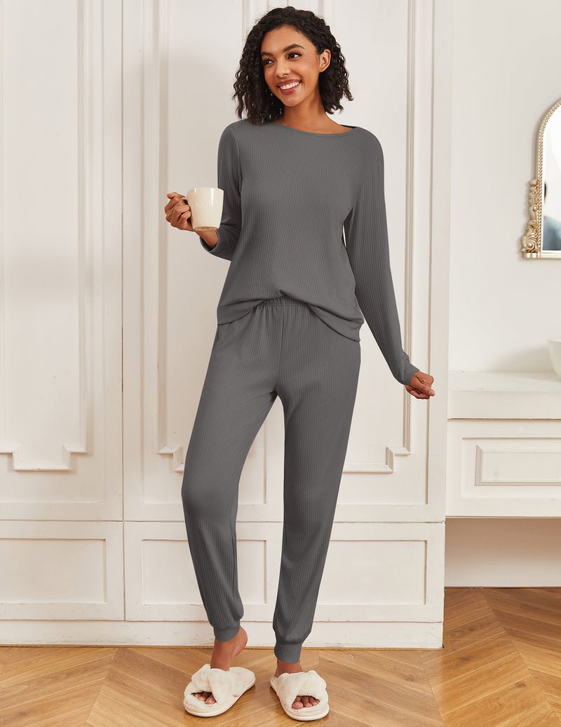 Dark gray long-sleeve pajama set with relaxed jogger pants, crew neck