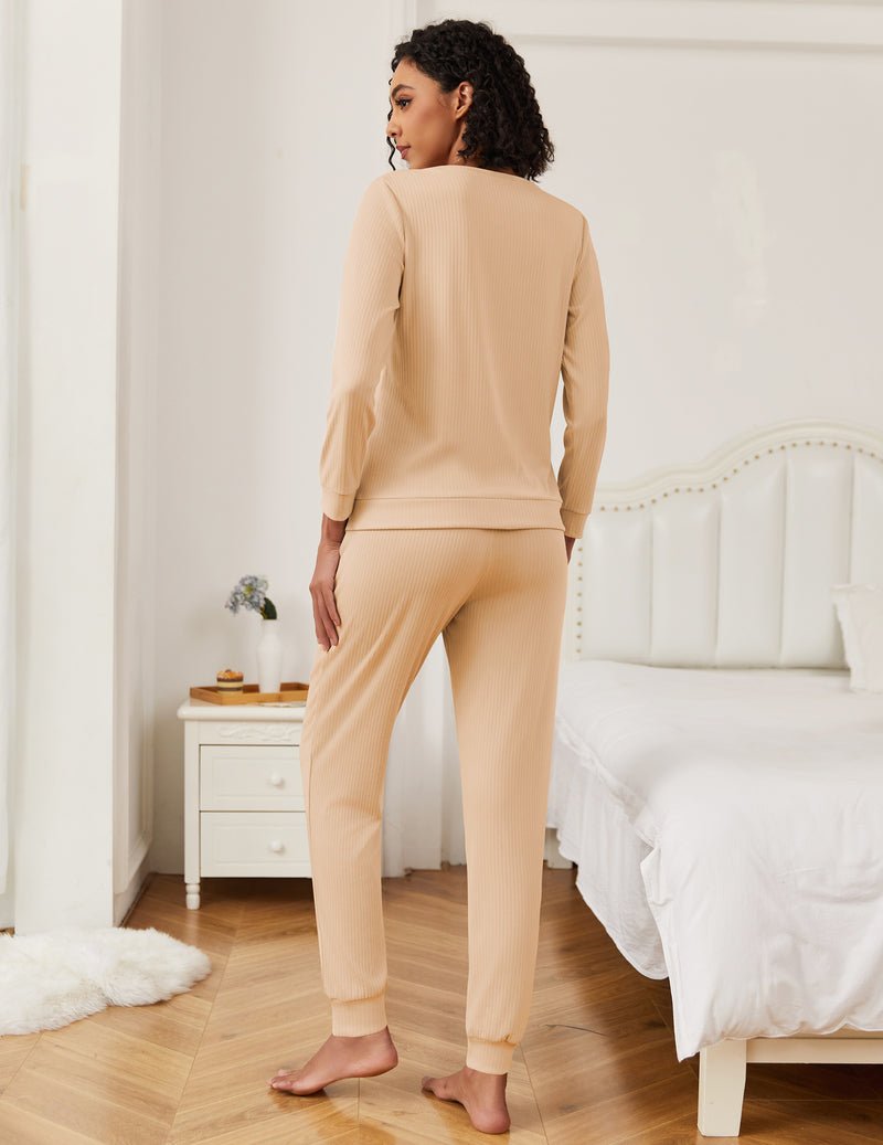 Light khaki lounge pajama set with long-sleeve top and jogger pants, rear view.
