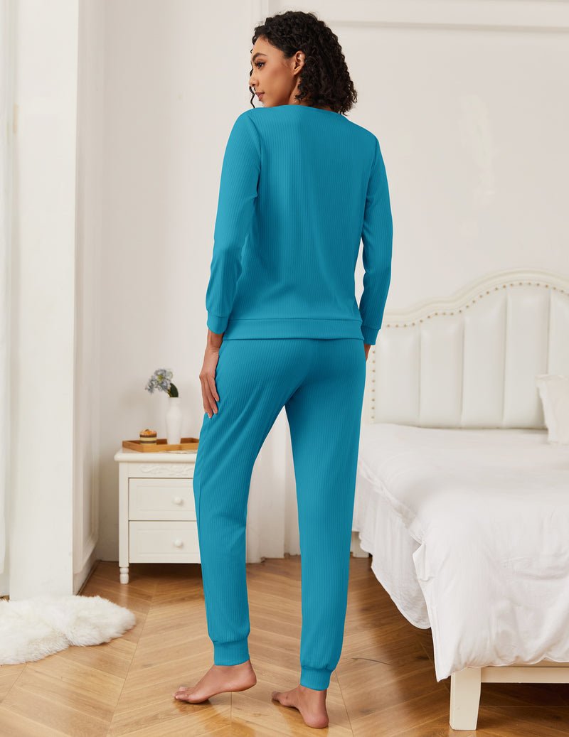 Blue long-sleeve pajama set with jogger pants, back view
