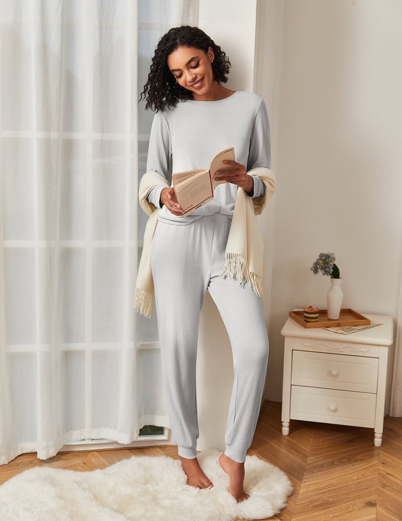 Light grey lounge pajama set with long-sleeve top and jogger pants, relaxed fit.