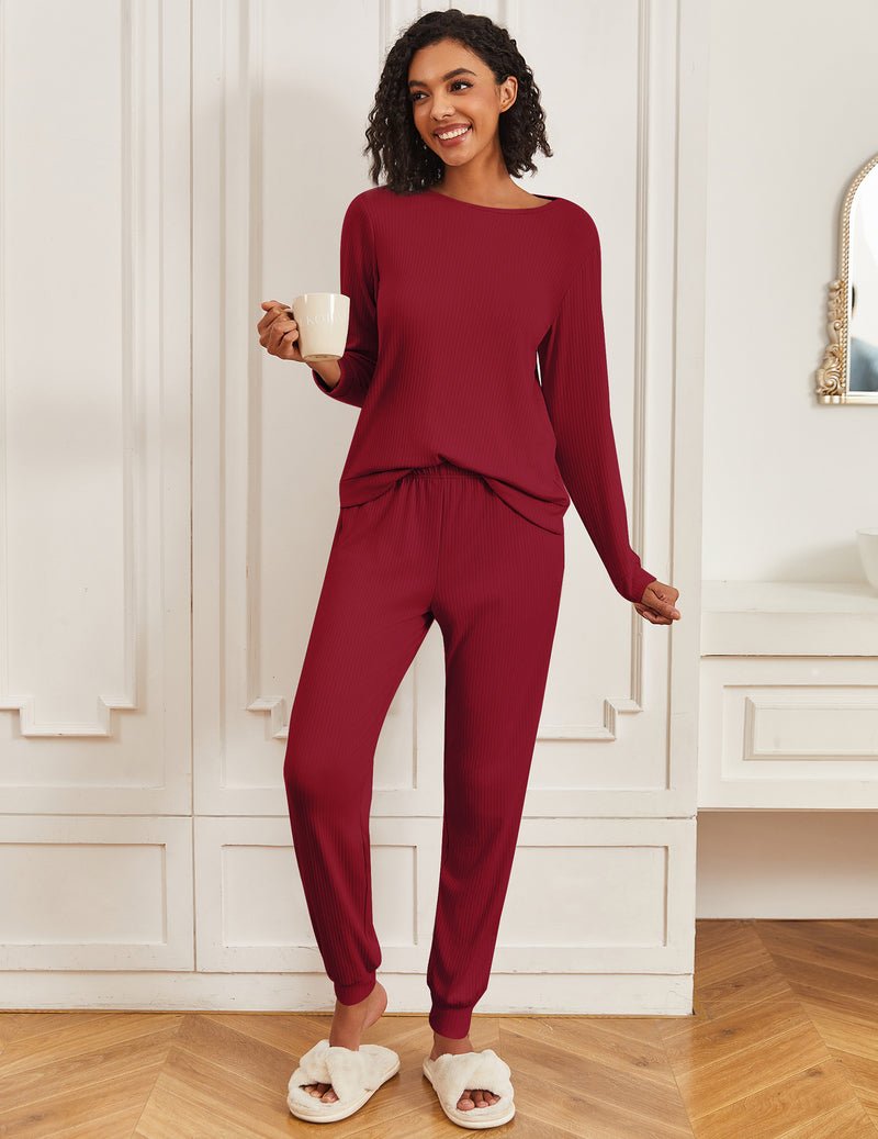 Wine red lounge pajama set with long-sleeve top and jogger pants, relaxed fit.