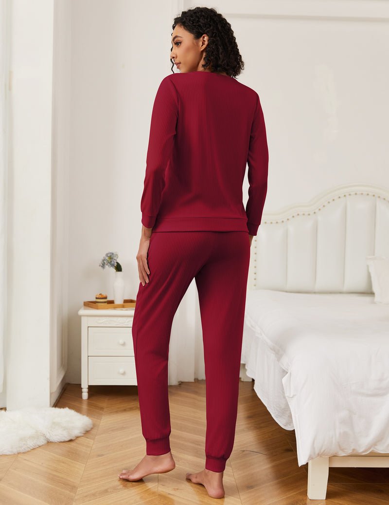 Wine red lounge pajama set with long-sleeve top and jogger pants, rear view.