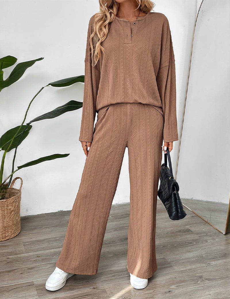 Light Brown long-sleeve top with button placket and matching wide-leg pants, relaxed fit