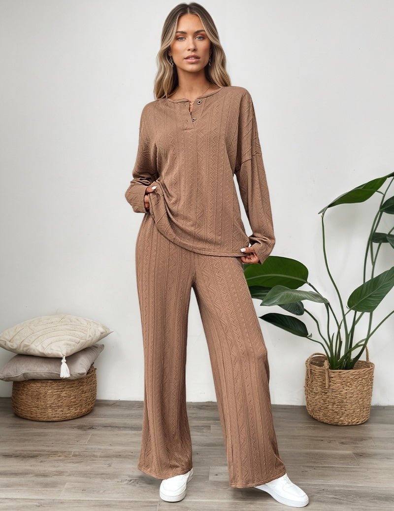 Light Brown long-sleeve henley top and loose long pants set, textured knit look
