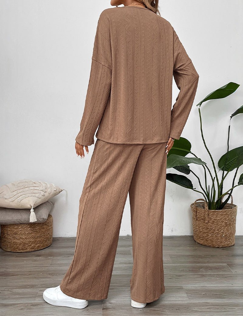 Back view: Light Brown long-sleeve top and loose wide-leg pants set, textured pattern