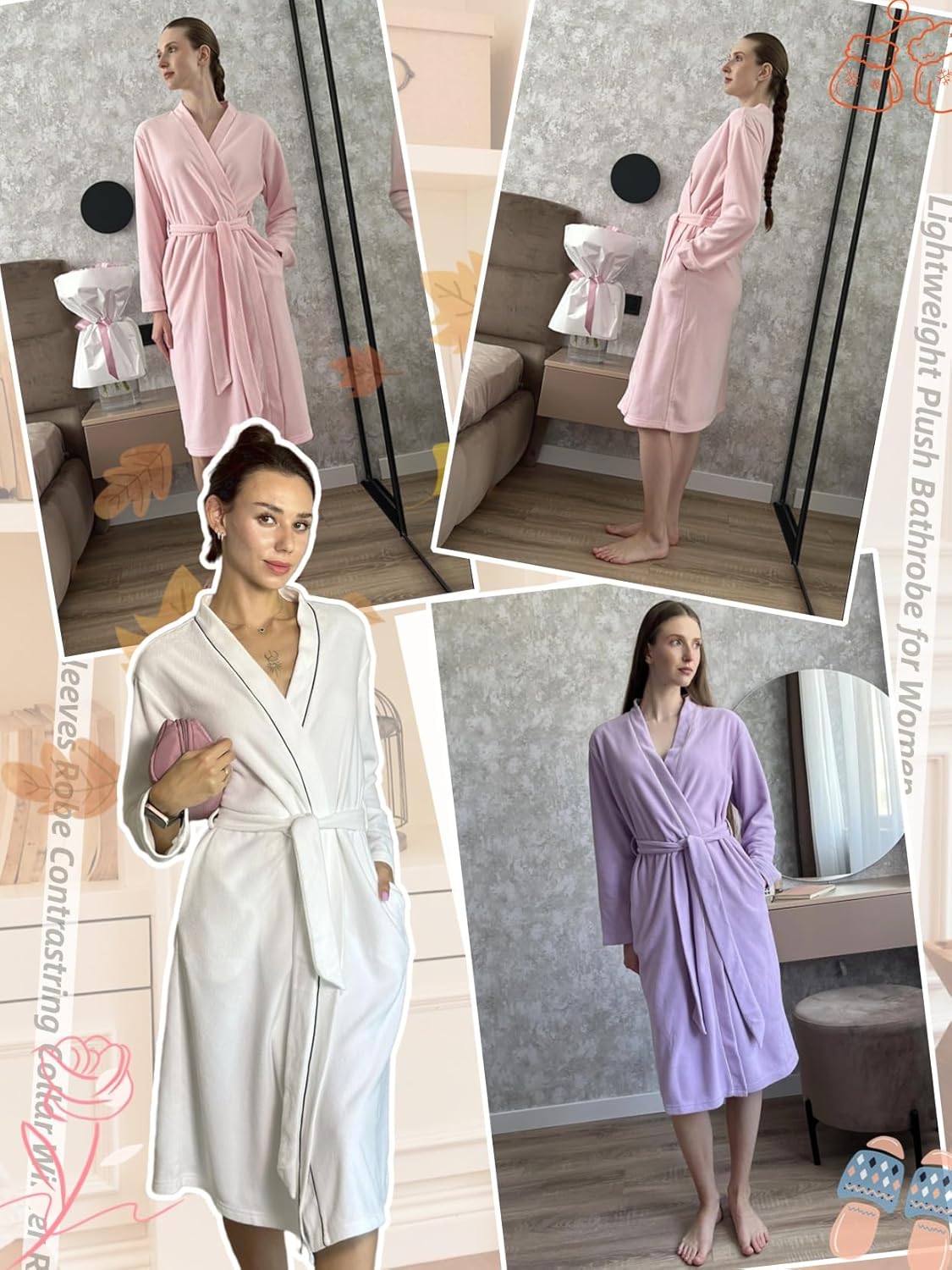 Fleece housecoat collage showing pink, white, and purple V-neck styles with tie belts