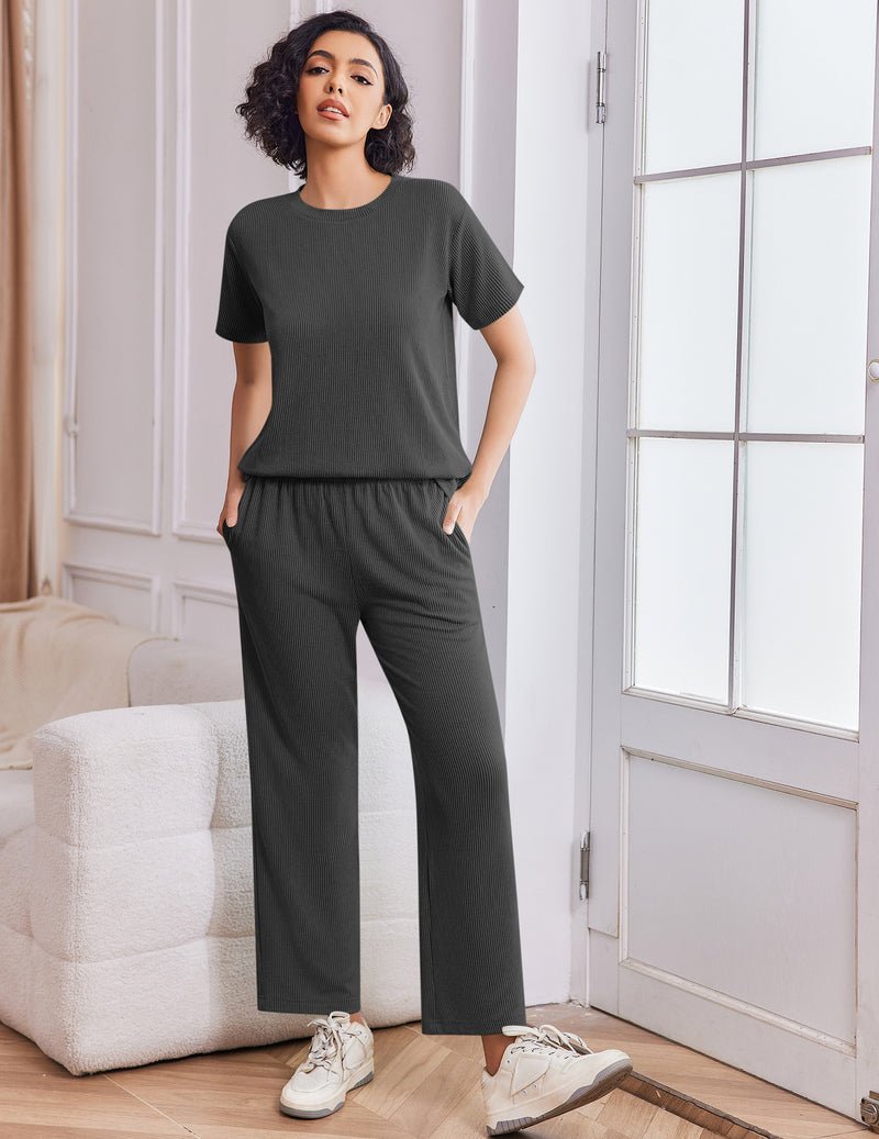 Dark grey lounge set: short-sleeve top and wide-leg pants with elastic waist