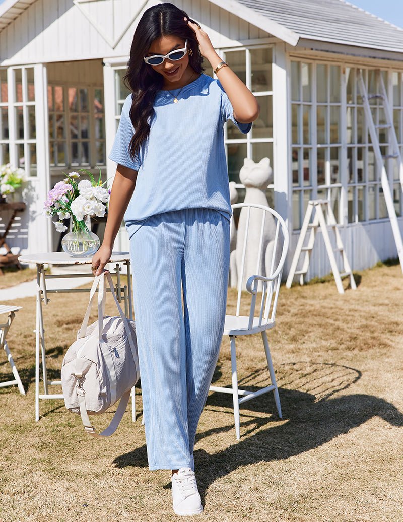 Women’s 2-piece lounge set in light sky blue: short-sleeve top and matching loose pants